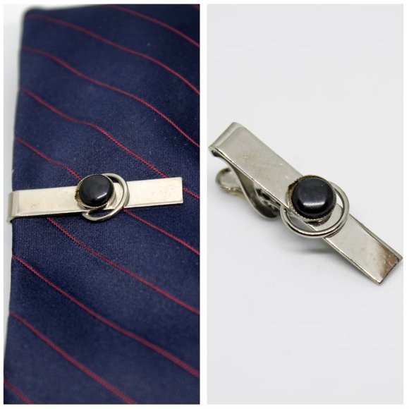 Vintage Silver & Black Circle Cabachon Rectangle Tie Clip VTG Father's Day Gift - Picture 1 of 9